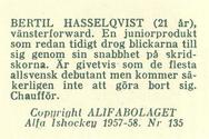 1957-58 Alfa Ishockey (Swedish) #135 Bertil Hasselqvist Back