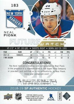 2018-19 SP Authentic #183 Neal Pionk Back