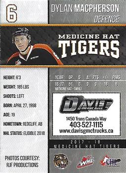 2017-18 Medicine Hat Tigers (WHL) #22 Dylan MacPherson Back