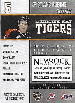 2017-18 Medicine Hat Tigers (WHL) #24 Kristians Rubins Back