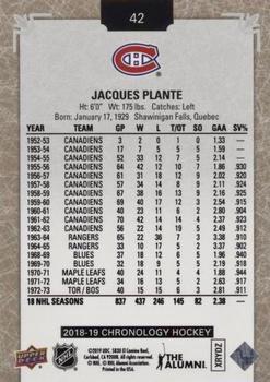 2018-19 Upper Deck Chronology #42 Jacques Plante Back