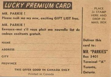 1954-55 Parkhurst - Lucky Premium Card #53 Cal Gardner Back