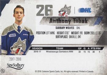2017-18 Extreme Sudbury Wolves (OHL) #15 Anthony Tabak Back