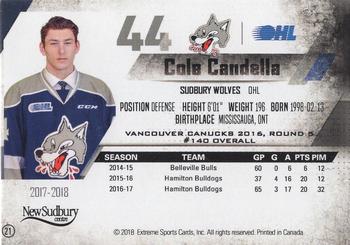 2017-18 Extreme Sudbury Wolves (OHL) #21 Cole Candella Back