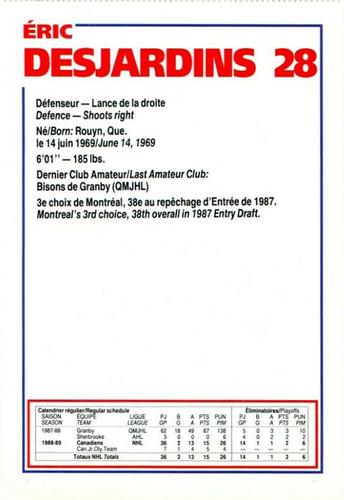 1989-90 Le Journal / Kraft Montreal Canadiens #NNO Eric Desjardins Back