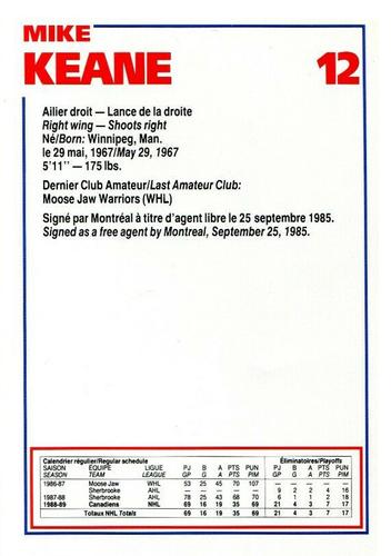 1989-90 Le Journal / Kraft Montreal Canadiens #NNO Mike Keane Back