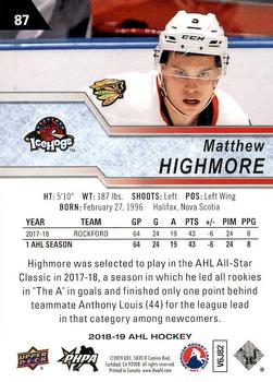 2018-19 Upper Deck AHL #87 Matthew Highmore Back