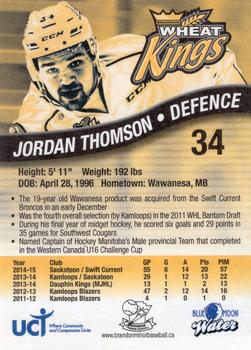 2015-16 Westside Brandon Wheat Kings (WHL) #24 Jordan Thomson Back