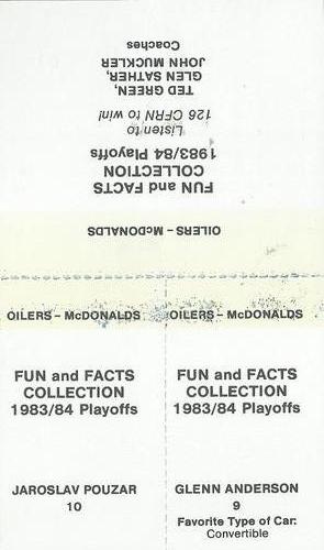 1983-84 McDonald's Edmonton Oilers Stickers - Panels #NNO Glenn Anderson / Jaroslav Pouzar / Ted Green / Glen Sather / John Muckler Back