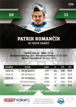 2017-18 SportZoo Tipsport Liga #074 Patrik Romancik Back