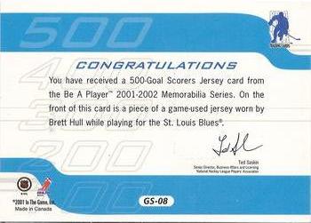 2015-16 In The Game Final Vault - 2001-02 Be a Player Memorabilia - 500 Goal Scorers (Blue Vault Stamp) #GS-08 Brett Hull Back