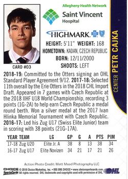 2018-19 Choice Erie Otters (OHL) #3 Petr Cajka Back