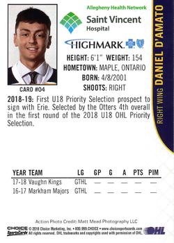 2018-19 Choice Erie Otters (OHL) #4 Daniel D'Amato Back