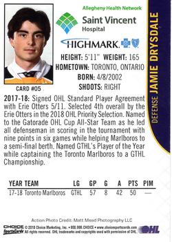 2018-19 Choice Erie Otters (OHL) #5 Jamie Drysdale Back