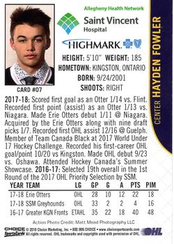 2018-19 Choice Erie Otters (OHL) #7 Hayden Fowler Back