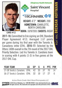 2018-19 Choice Erie Otters (OHL) #12 Brendan Hoffmann Back