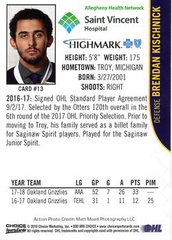 2018-19 Choice Erie Otters (OHL) #13 Brendan Kischnick Back