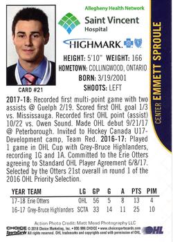 2018-19 Choice Erie Otters (OHL) #21 Emmett Sproule Back