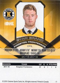 2018-19 Extreme Kingston Frontenacs (OHL) #1 Evan Brand Back