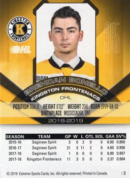 2018-19 Extreme Kingston Frontenacs (OHL) #2 Brendan Bonello Back
