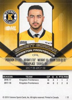 2018-19 Extreme Kingston Frontenacs (OHL) #10 Emmett Gordon Back