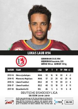 2018-19 Playercards (DEL) #DEL-100 Lukas Laub Back