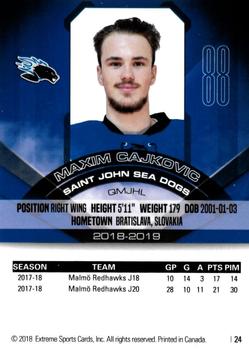 2018-19 Extreme Saint John Sea Dogs (QMJHL) #24 Maxim Cajkovic Back