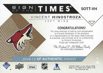 2018-19 SP Authentic - Sign of the Times #SOTT-VH Vincent Hinostroza Back