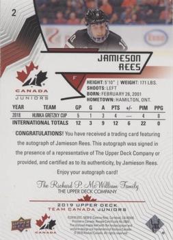 2019 Upper Deck Team Canada Juniors - Black Autographs #2 Jamieson Rees Back