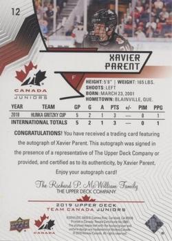 2019 Upper Deck Team Canada Juniors - Black Autographs #12 Xavier Parent Back