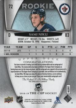 2018-19 Upper Deck The Cup #72 Sami Niku Back