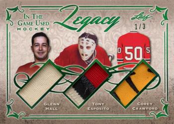 2019-20 Leaf In The Game Used - Legacy - Green Spectrum Foil #L-07 Glenn Hall / Tony Esposito / Corey Crawford Front