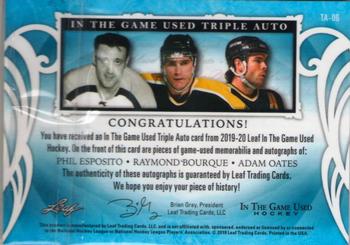 2019-20 Leaf In The Game Used - Triple Autographs - Red Spectrum Foil #TA-06 Phil Esposito / Raymond Bourque / Adam Oates Back