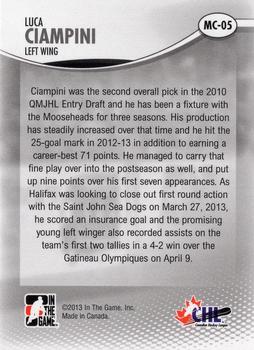 2012-13 In The Game Heroes and Prospects - 2013 Memorial Cup #MC-05 Luca Ciampini Back