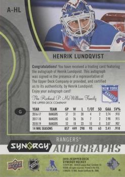 2019-20 Upper Deck Synergy - Autographs #A-HL Henrik Lundqvist Back