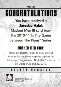 2015-16 In The Game Final Vault - 2010-11 In The Game Between The Pipes Masked Men III Silver (Green Vault Stamp) #MM-21 Jaroslav Halak Back
