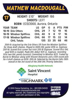 2019-20 Choice Erie Otters (OHL) #17 Mathew MacDougall Back