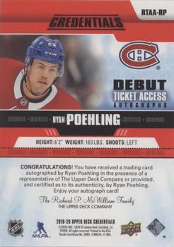2019-20 Upper Deck Credentials - Debut Ticket Access Autographs Red #RTAA-RP Ryan Poehling Back