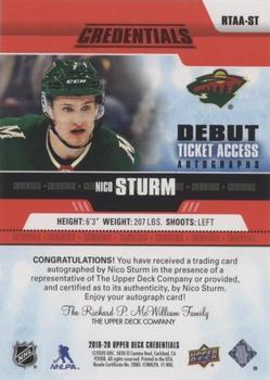 2019-20 Upper Deck Credentials - Debut Ticket Access Autographs Red #RTAA-ST Nico Sturm Back