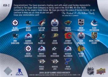 2019-20 SP Game Used - 2019 NHL All-Star Micro-Swatch Materials Achievements #ASA-2 B. Wheeler/B. Burns/C. Keller/C. McDavid/D. Dubnyk/D. Doughty/E. Pettersson/E. Karlsson/G. Landeskog/J. Pavelski/J. Gibson/J. Gaudreau/L. Draisaitl/M-A Fleury/M. Scheifele/M. Rantanen/M. Heiskanen/N. MacKinnon/P. Kane/P. Rinne/R. Josi/R. O'Reilly Back