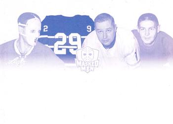 2017-18 Leaf Masked Men - Pillars of Hockey - Printing Plates - Magenta #PH-04 Jacques Plante / Ken Dryden / Glenn Hall / Terry Sawchuk Front