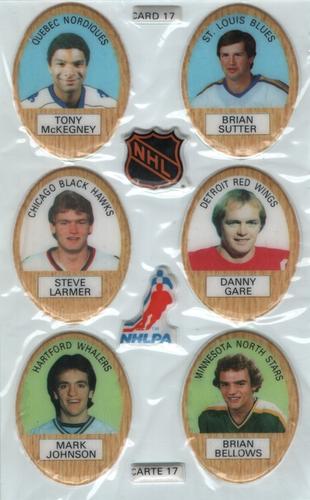 1983-84 Funmate NHL Puffy Stickers - Sticker Panels #17 Tony McKegney / Brian Sutter / Steve Larmer / Danny Gare / Mark Johnson / Brian Bellows Front