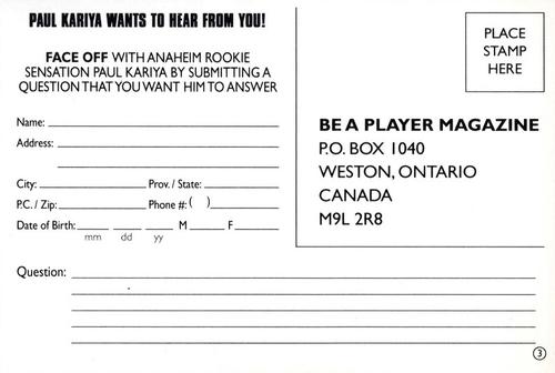 1994-95 Be a Player Magazine Postcards #NNO Paul Kariya Back