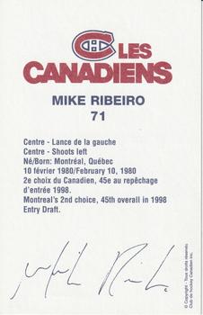 1999-00 Montreal Canadiens Postcards #NNO Mike Ribeiro Back