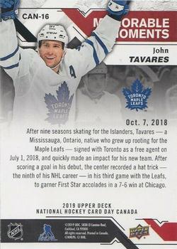 2019 Upper Deck National Hockey Card Day Canada - Incentive Card #CAN-16 John Tavares Back