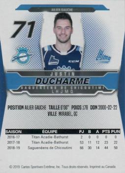 2019-20 Chicoutimi Sagueneens (QMJHL) #NNO Justin Ducharme Back