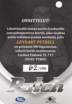 2012-13 Cardset Finland - Patch Series 2 Redemption #NNO Lennart Petrell Back