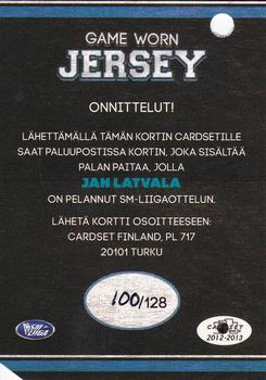 2012-13 Cardset Finland - Game Worn Jersey Series 1 Redemption #NNO Jan Latvala Back