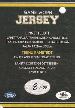 2012-13 Cardset Finland - Game Worn Jersey Series 2 Redemption #NNO Teemu Ramstedt Back