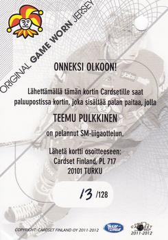 2011-12 Cardset Finland - Game Worn Jersey Redemption #NNO Teemu Pulkkinen Back